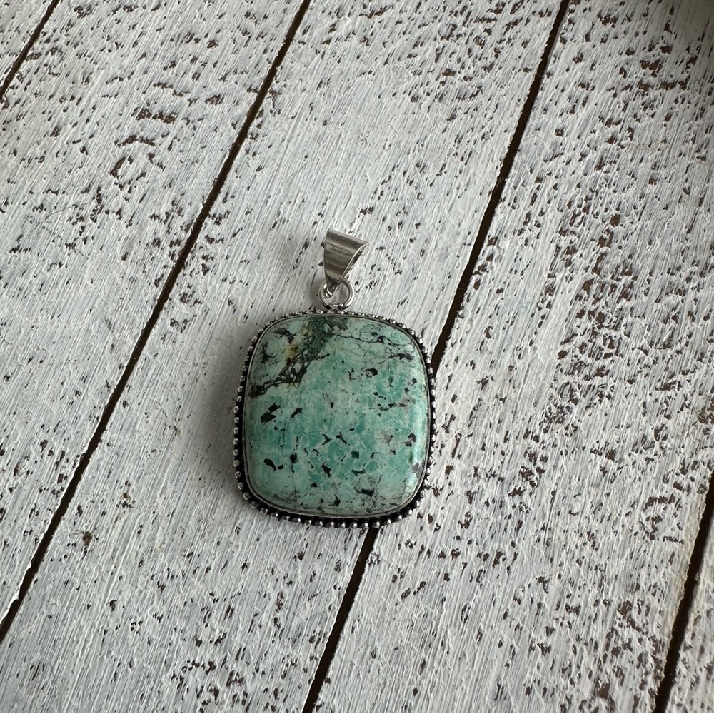 African Turquoise 925 Sterling Silver plated rounded square pendant blue green